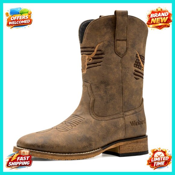 Men's Square Toe Western Cowboy Boots Vegan Leather Slip Resistant Pull On